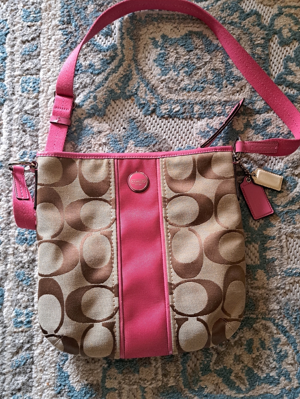 Coach Khaki Canvas Crossbody with Pink Leather Trim